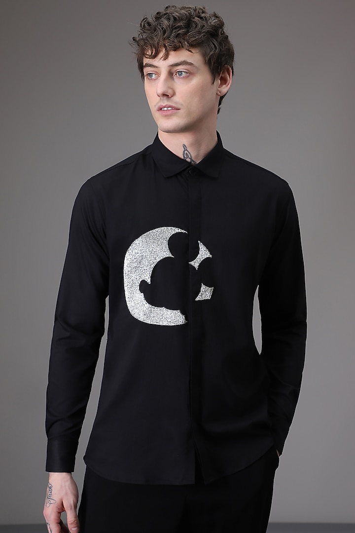 Black Cotton Satin Moon Mickey Hand Embroidered Party Wear Shirt by Komal Kothari at Pernia's Pop Up Shop