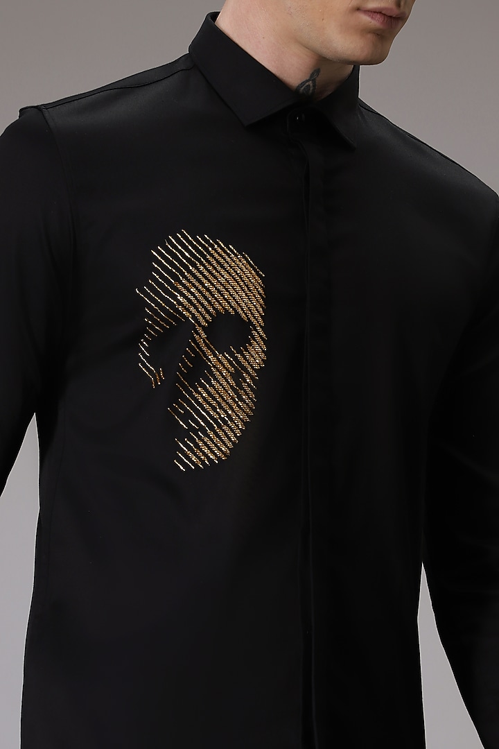 Black Cotton Satin Skull Hand Embroidered Party Wear Shirt by Komal Kothari at Pernia's Pop Up Shop