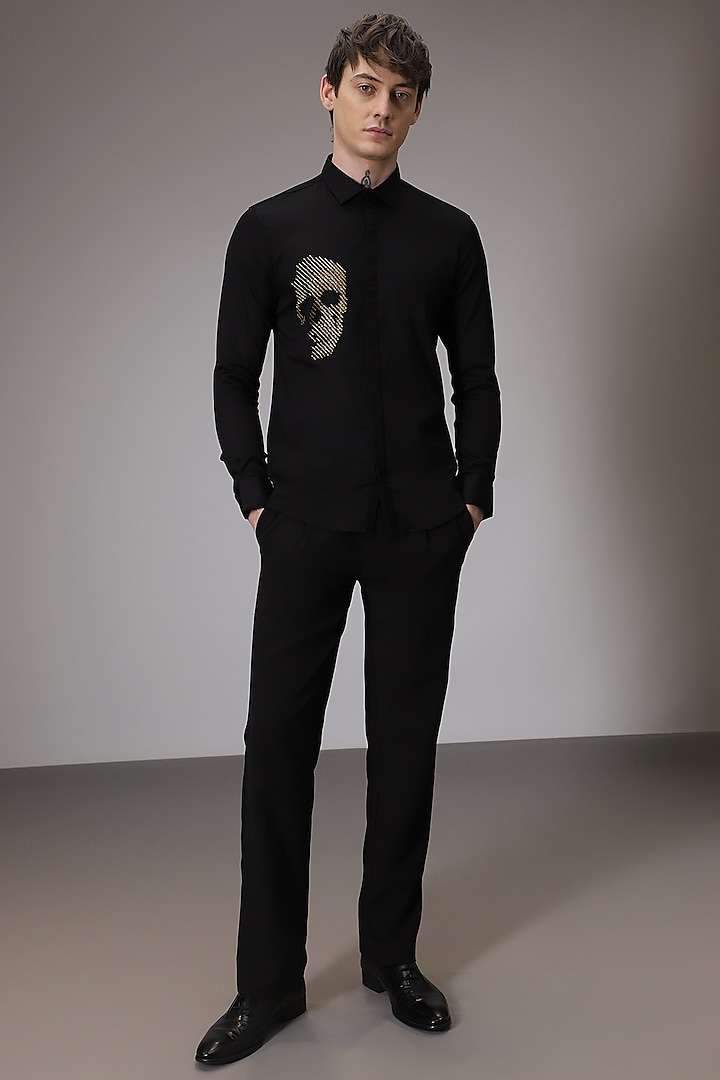 Black Cotton Satin Skull Hand Embroidered Party Wear Shirt by Komal Kothari at Pernia's Pop Up Shop