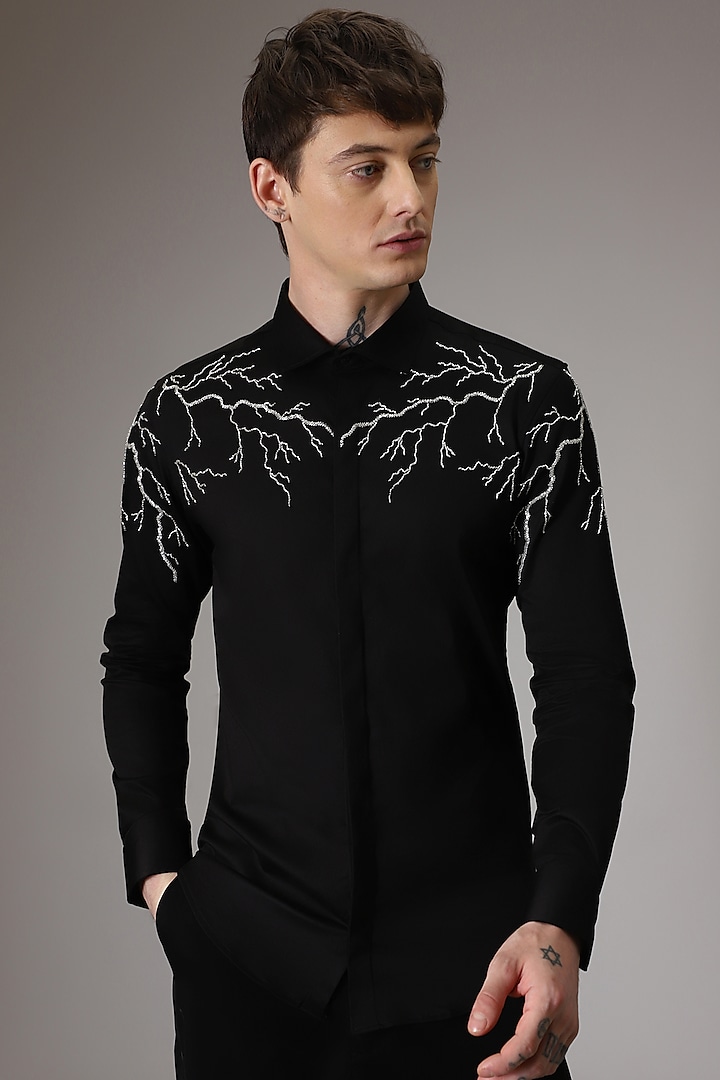 Black Cotton Satin Hand Embroidered Shirt by Komal Kothari