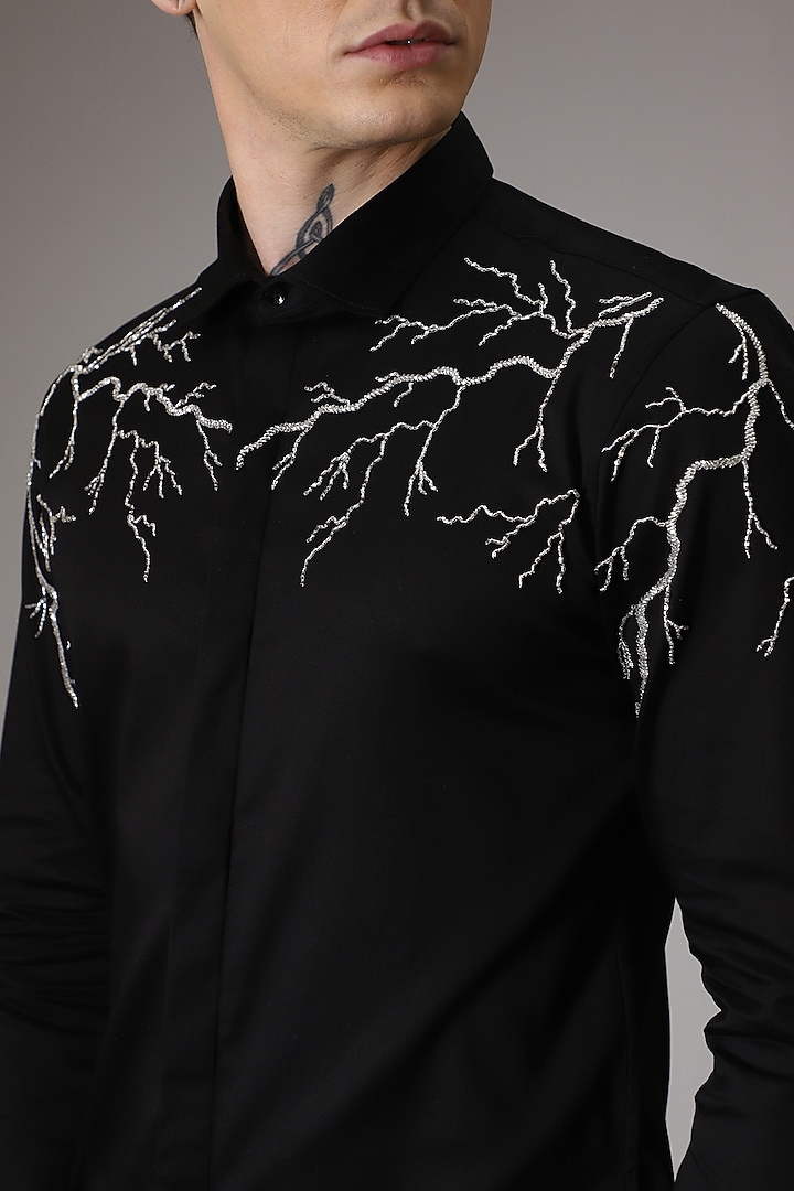 Black Cotton Satin Hand Embroidered Party Wear Shirt by Komal Kothari at Pernia's Pop Up Shop