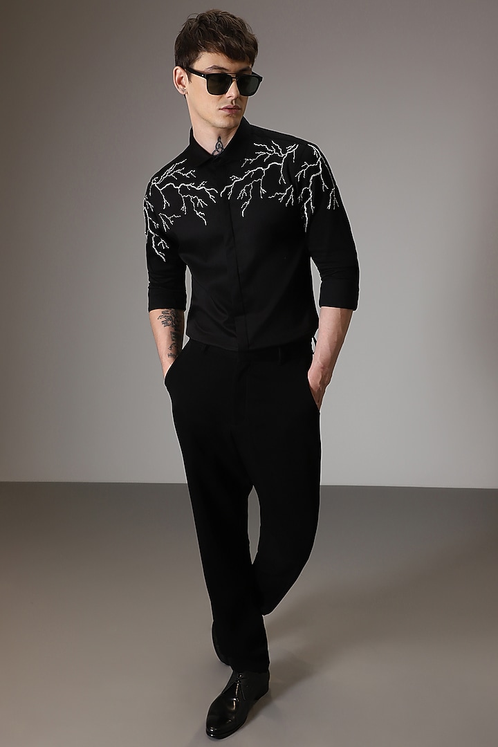 Black Cotton Satin Hand Embroidered Party Wear Shirt by Komal Kothari at Pernia's Pop Up Shop