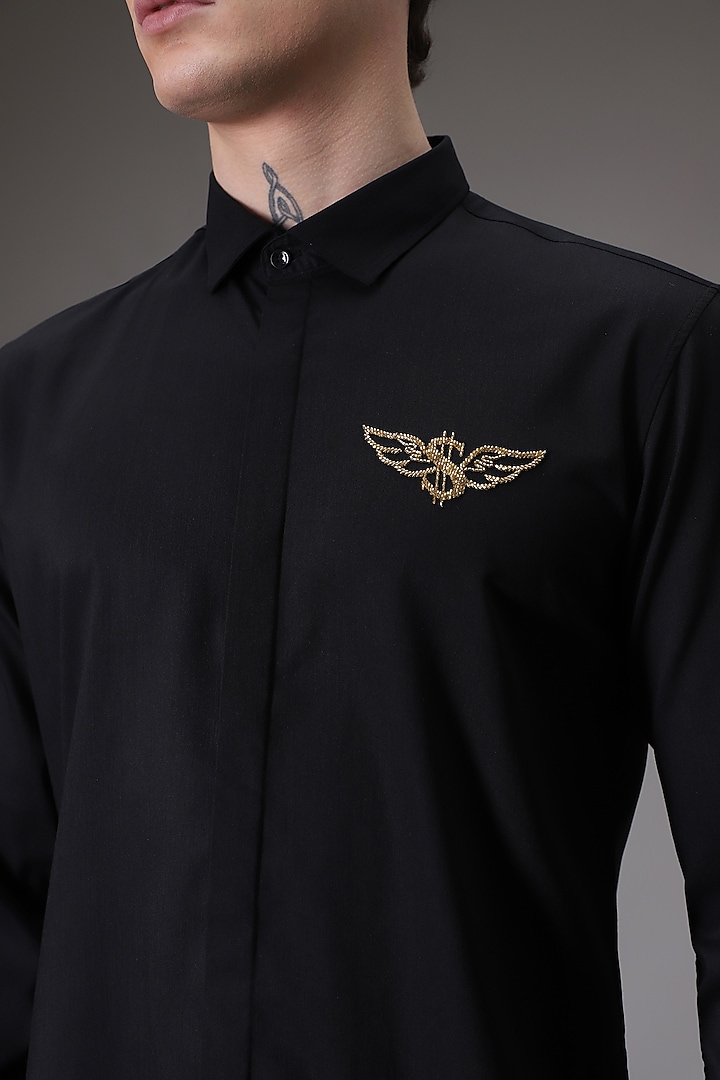 Black Cotton Satin Hand Embroidered Summer Shirt by Komal Kothari at Pernia's Pop Up Shop