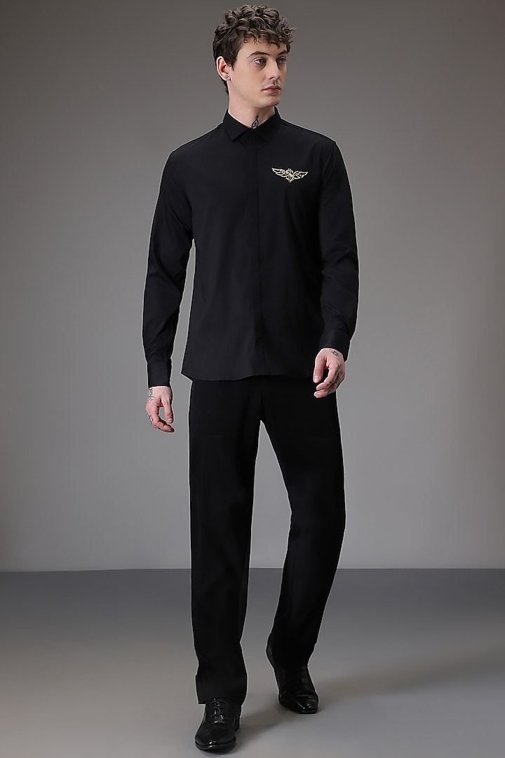 Black Cotton Satin Hand Embroidered Summer Shirt by Komal Kothari at Pernia's Pop Up Shop