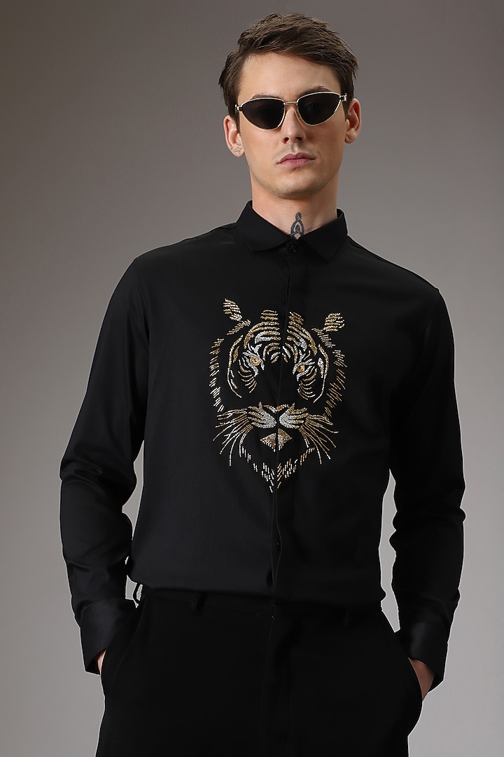 Black Cotton Lycra Hand Embroidered Party Wear Shirt by Komal Kothari at Pernia's Pop Up Shop