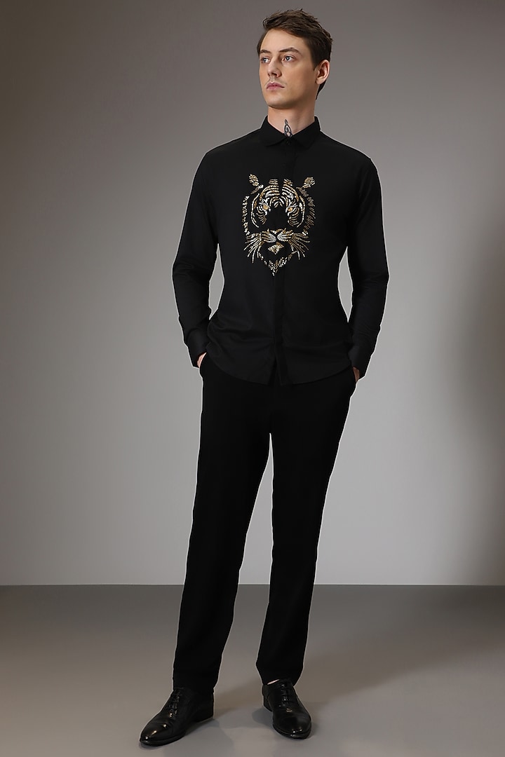 Black Cotton Lycra Hand Embroidered Party Wear Shirt by Komal Kothari at Pernia's Pop Up Shop