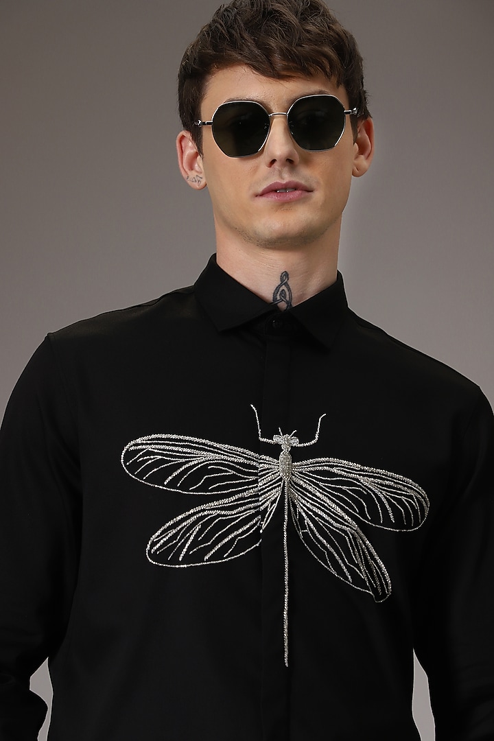 Black Cotton Lycra Hand Embroidered Party Wear Shirt by Komal Kothari at Pernia's Pop Up Shop