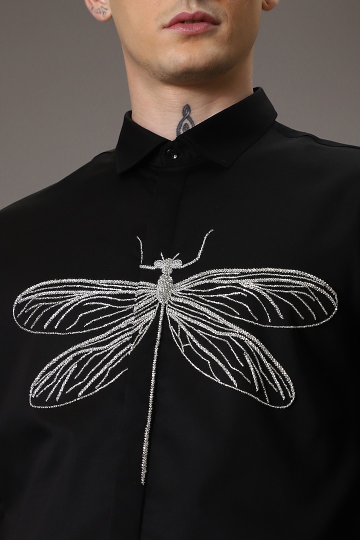 Black Cotton Lycra Hand Embroidered Party Wear Shirt by Komal Kothari at Pernia's Pop Up Shop
