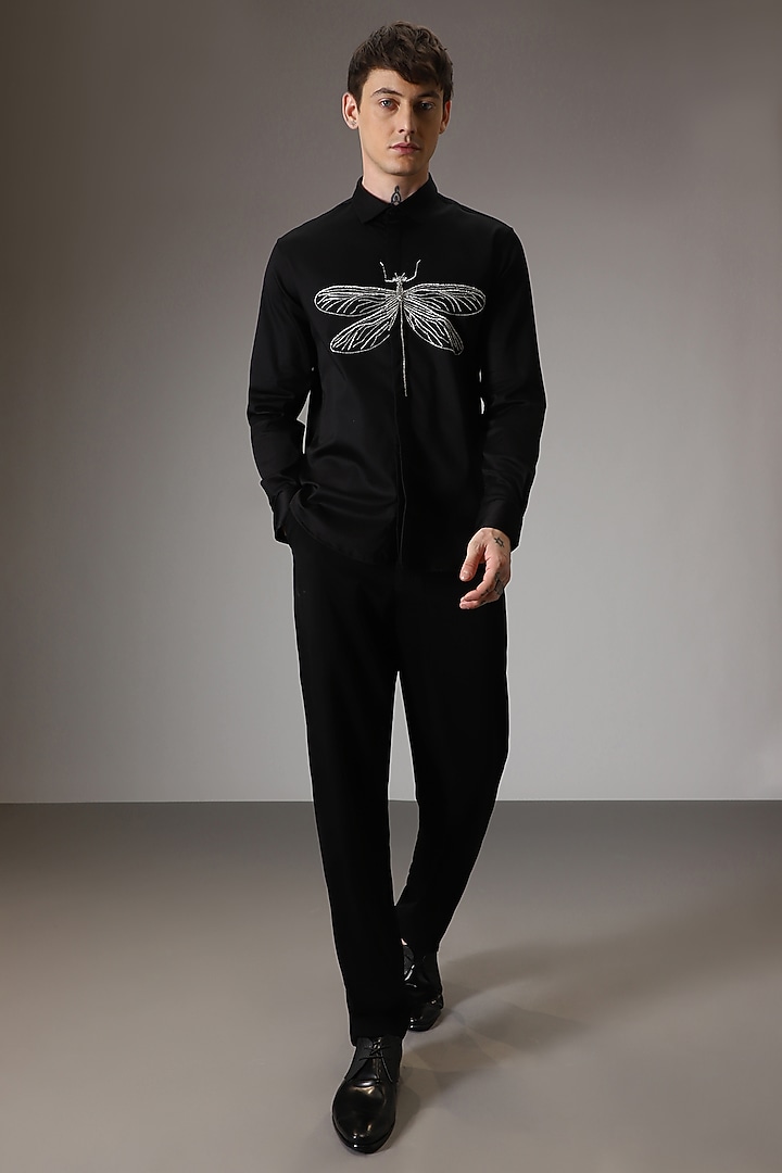 Black Cotton Lycra Hand Embroidered Party Wear Shirt by Komal Kothari at Pernia's Pop Up Shop