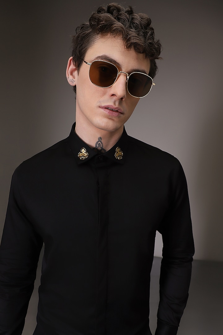 Black Cotton Satin Hand Embroidered Summer Shirt by Komal Kothari at Pernia's Pop Up Shop