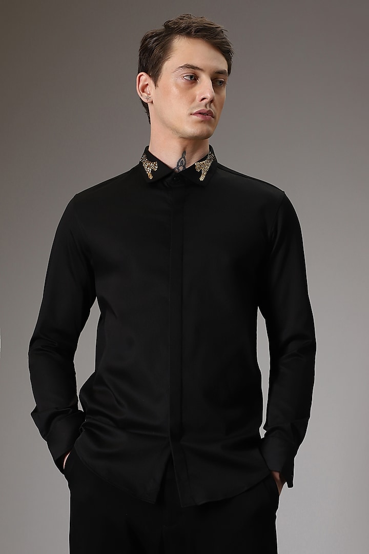 Black Cotton Lycra Hand Embroidered Party Wear Shirt by Komal Kothari at Pernia's Pop Up Shop