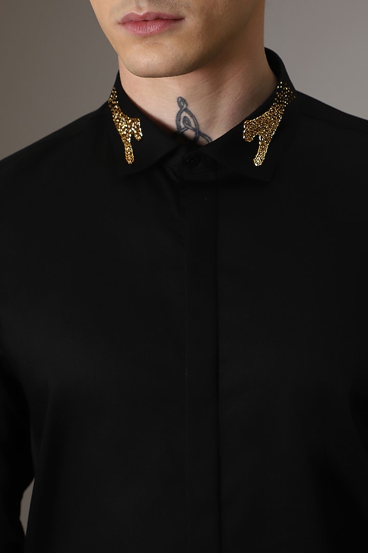 Black Cotton Lycra Hand Embroidered Party Wear Shirt by Komal Kothari at Pernia's Pop Up Shop