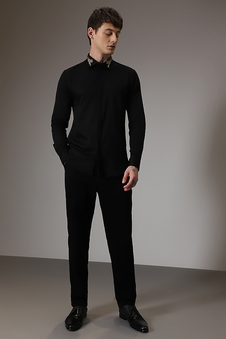 Black Cotton Lycra Hand Embroidered Party Wear Shirt by Komal Kothari at Pernia's Pop Up Shop