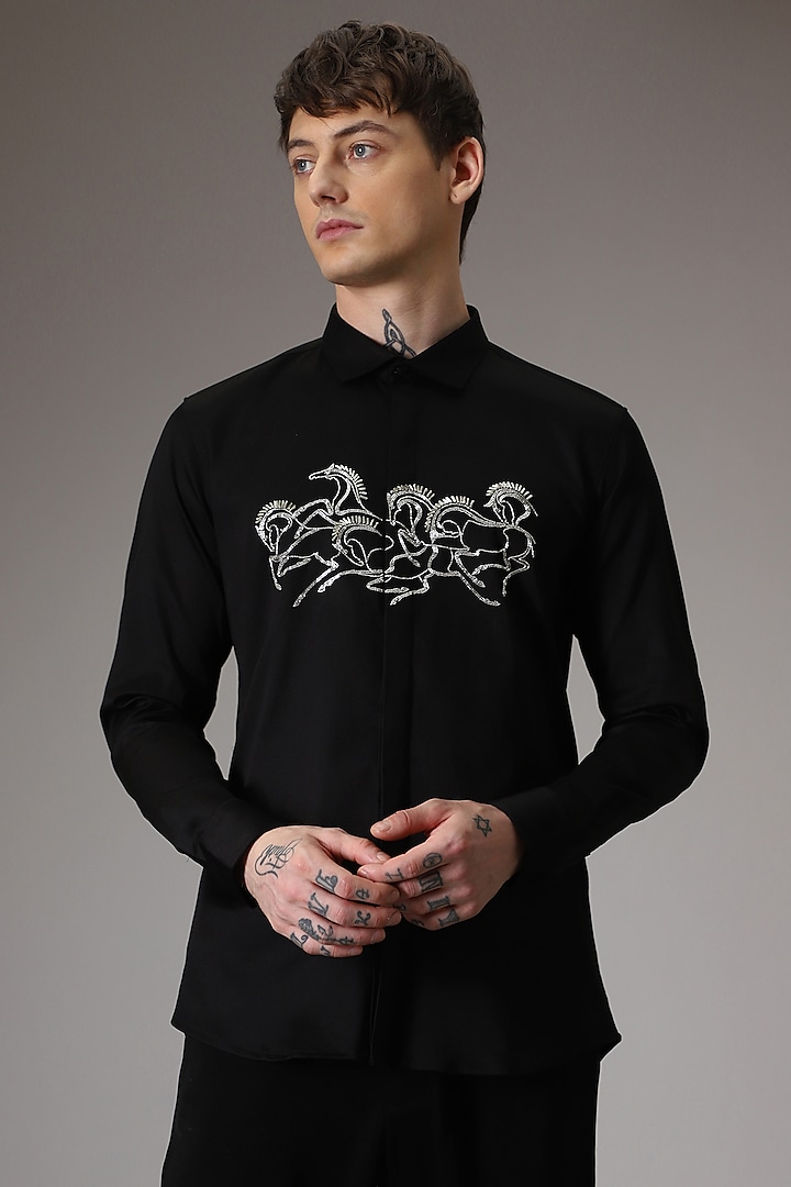 Black Cotton Satin Hand Embroidered Shirt by Komal Kothari at Pernia's Pop Up Shop