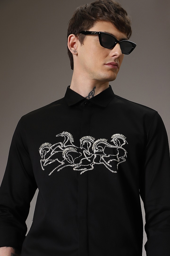Black Cotton Satin Hand Embroidered Party Wear Shirt by Komal Kothari at Pernia's Pop Up Shop