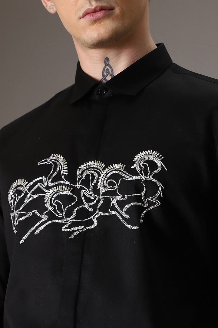 Black Cotton Satin Hand Embroidered Party Wear Shirt by Komal Kothari at Pernia's Pop Up Shop