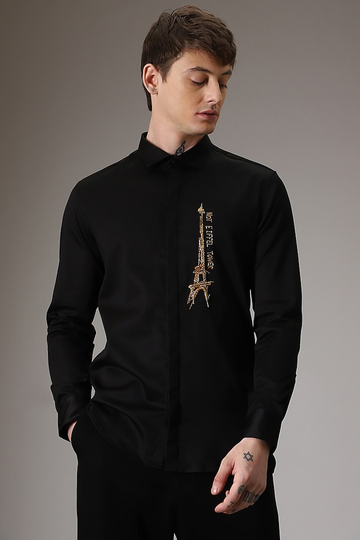 Black Cotton Lycra Hand Embroidered Shirt by Komal Kothari