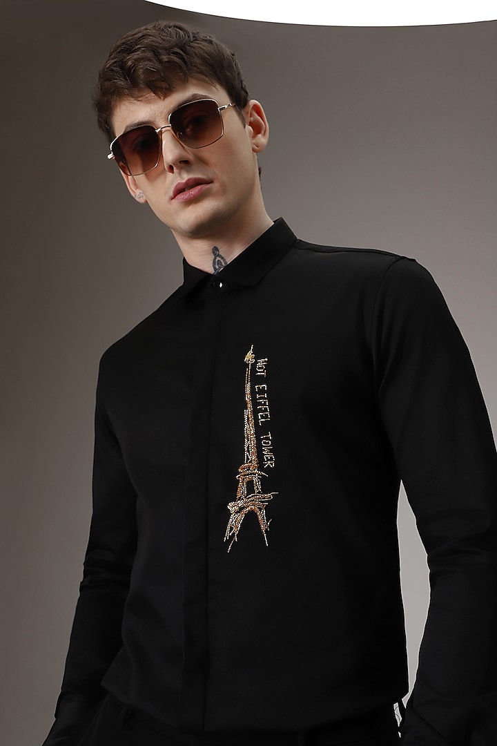 Black Cotton Lycra Hand Embroidered Party Wear Shirt by Komal Kothari at Pernia's Pop Up Shop