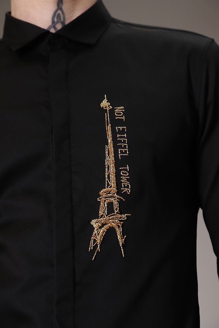 Black Cotton Lycra Hand Embroidered Party Wear Shirt by Komal Kothari at Pernia's Pop Up Shop