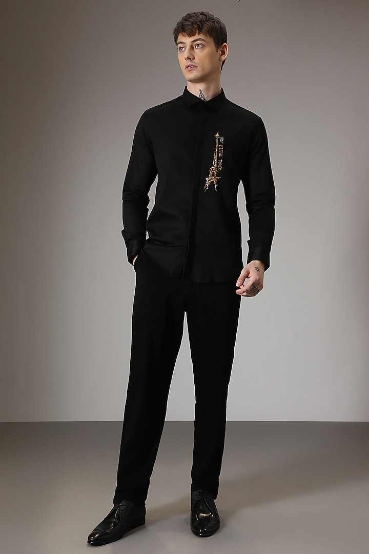 Black Cotton Lycra Hand Embroidered Party Wear Shirt by Komal Kothari at Pernia's Pop Up Shop
