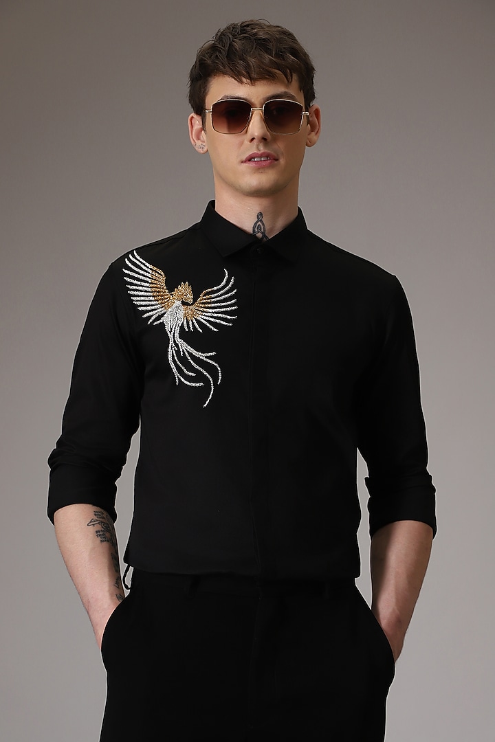 Black Cotton Lycra Hand Embroidered Party Wear Shirt by Komal Kothari at Pernia's Pop Up Shop