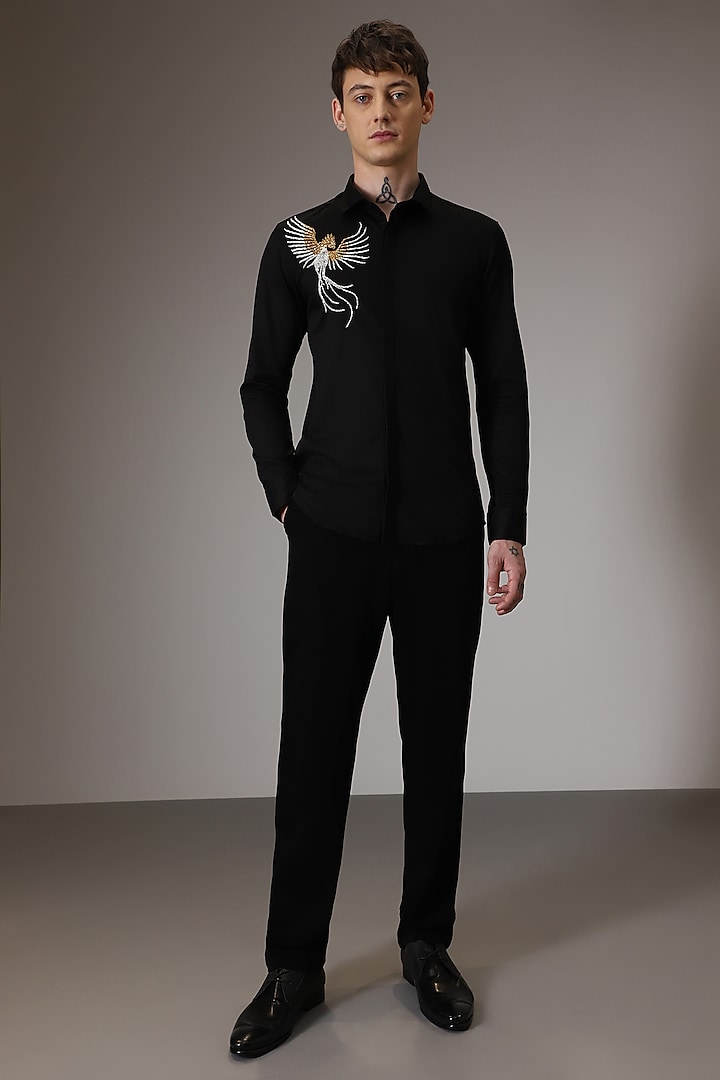 Black Cotton Lycra Hand Embroidered Party Wear Shirt by Komal Kothari at Pernia's Pop Up Shop
