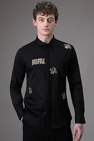 Black Cotton Satin Hand Embroidered Shirt by Komal Kothari