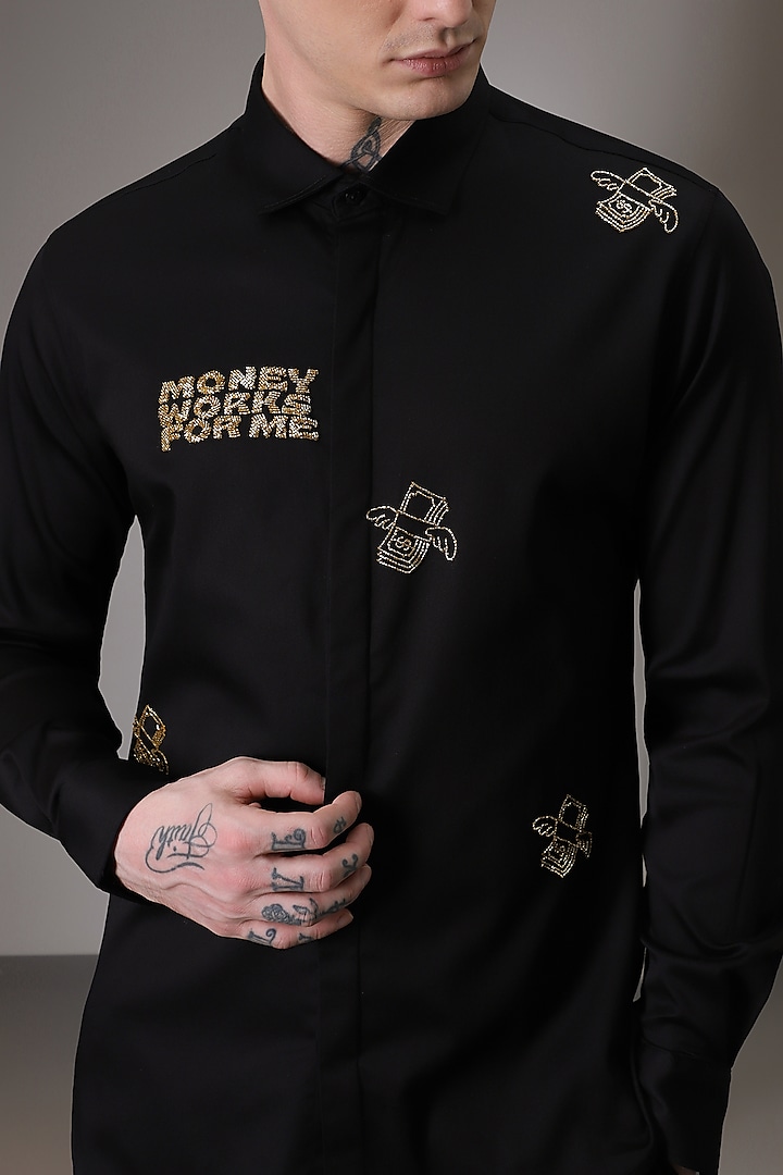 Black Cotton Satin Hand Embroidered Party Wear Shirt by Komal Kothari at Pernia's Pop Up Shop