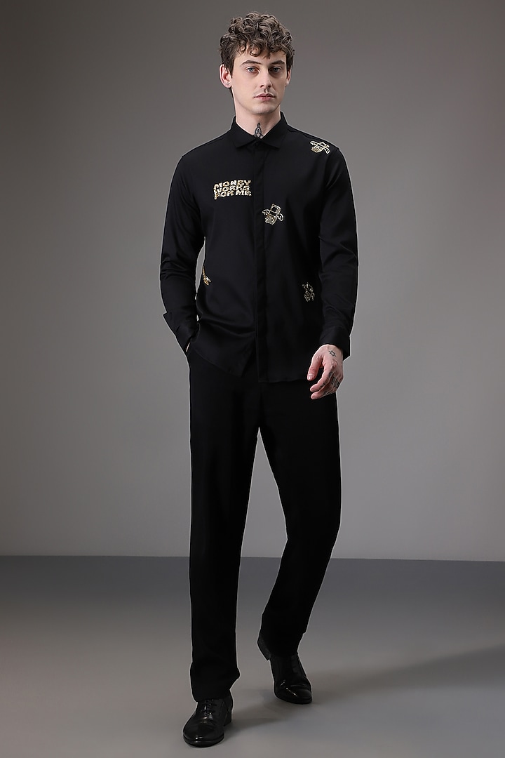 Black Cotton Satin Hand Embroidered Party Wear Shirt by Komal Kothari at Pernia's Pop Up Shop