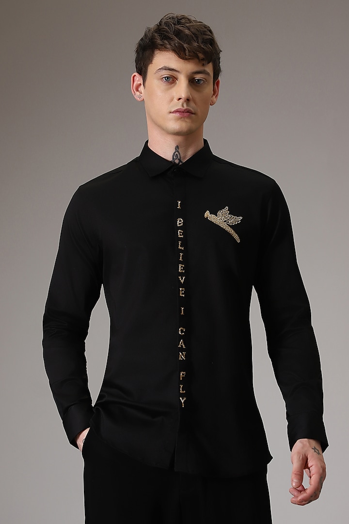 Black Cotton Lycra Hand Embroidered Shirt by Komal Kothari