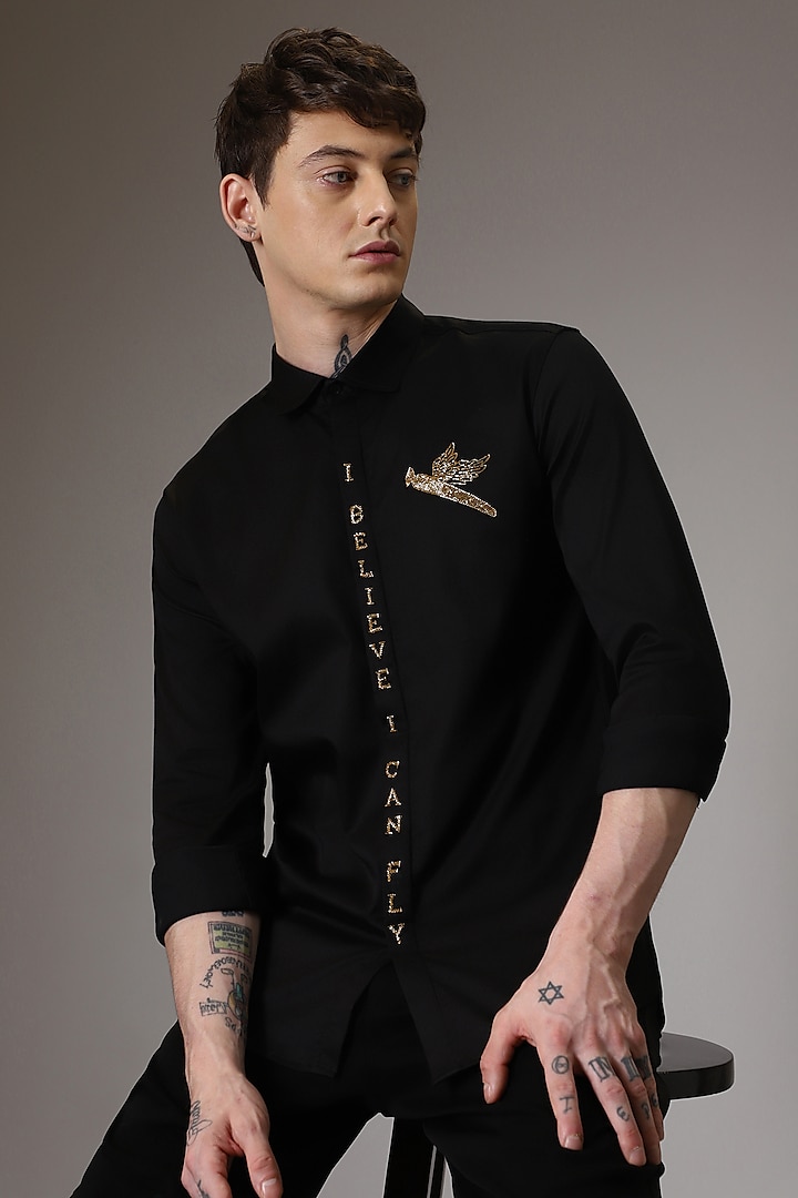 Black Cotton Lycra Hand Embroidered Party Wear Shirt by Komal Kothari at Pernia's Pop Up Shop