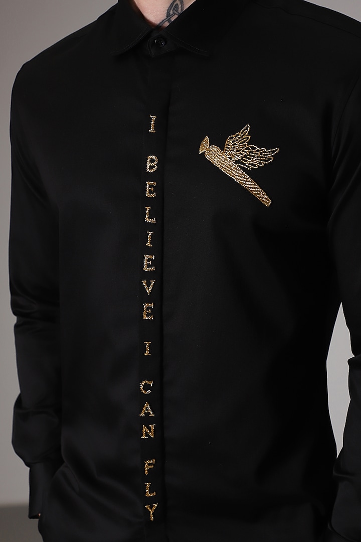Black Cotton Lycra Hand Embroidered Party Wear Shirt by Komal Kothari at Pernia's Pop Up Shop