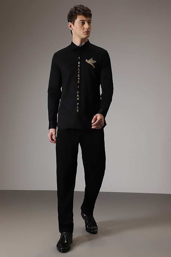 Black Cotton Lycra Hand Embroidered Party Wear Shirt by Komal Kothari at Pernia's Pop Up Shop