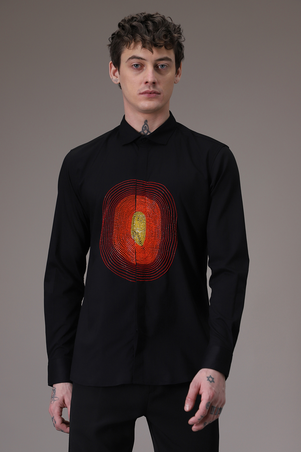 Black Cotton Satin Hand Embroidered Shirt by Komal Kothari