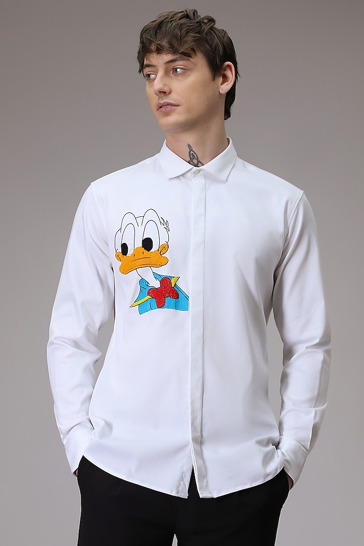 White Cotton Satin Donald Duck Hand Embroidered Shirt by Komal Kothari