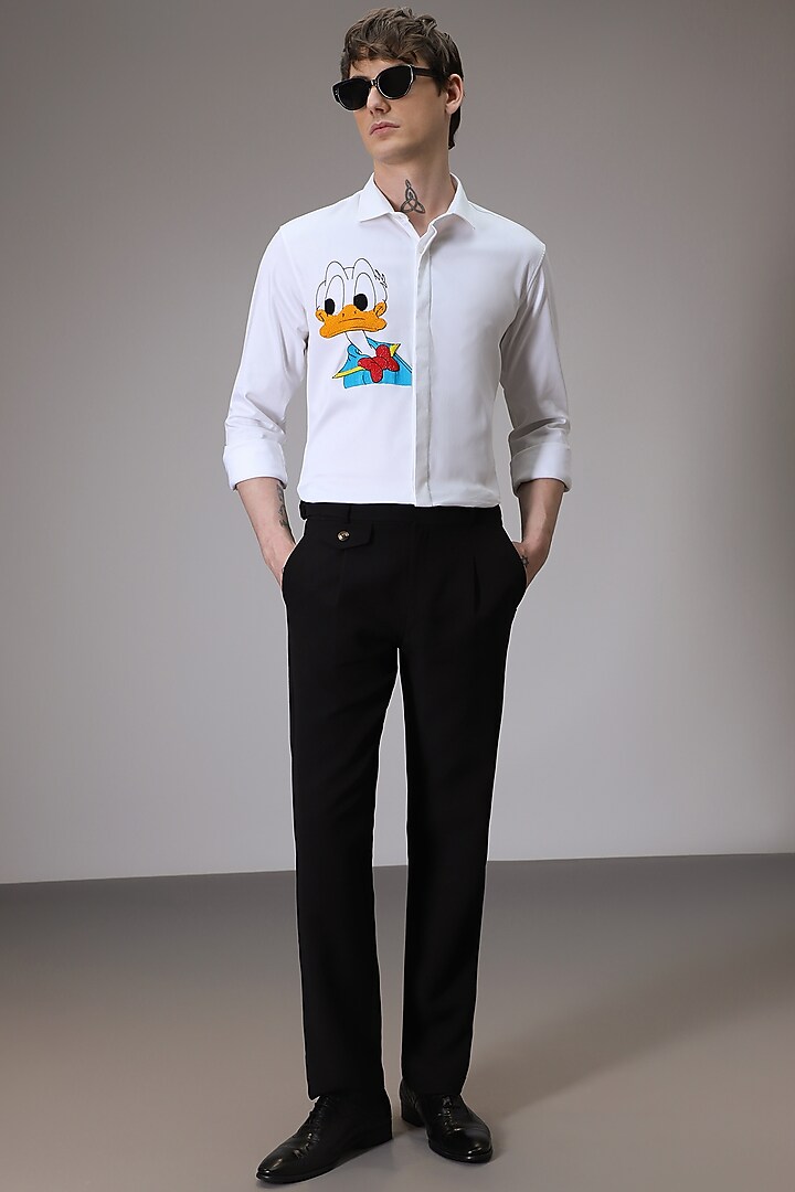 White Cotton Satin Donald Duck Hand Embroidered Party Wear Shirt by Komal Kothari at Pernia's Pop Up Shop