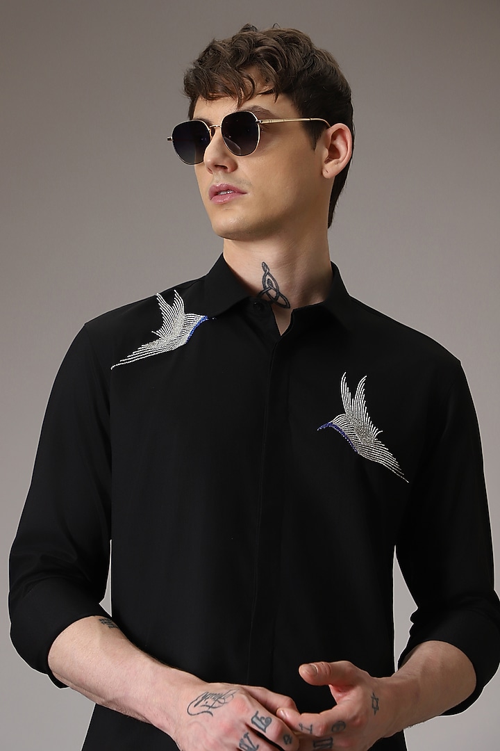 Black Cotton Lycra Hand Embroidered Party Wear Shirt by Komal Kothari at Pernia's Pop Up Shop