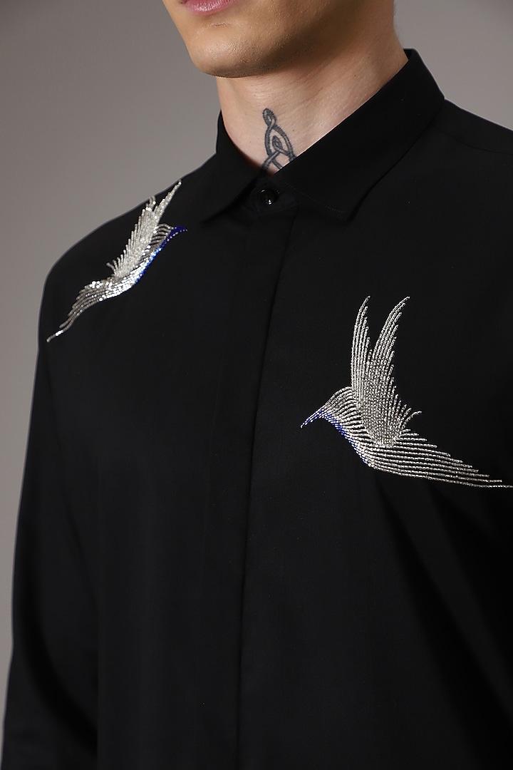 Black Cotton Lycra Hand Embroidered Party Wear Shirt by Komal Kothari at Pernia's Pop Up Shop