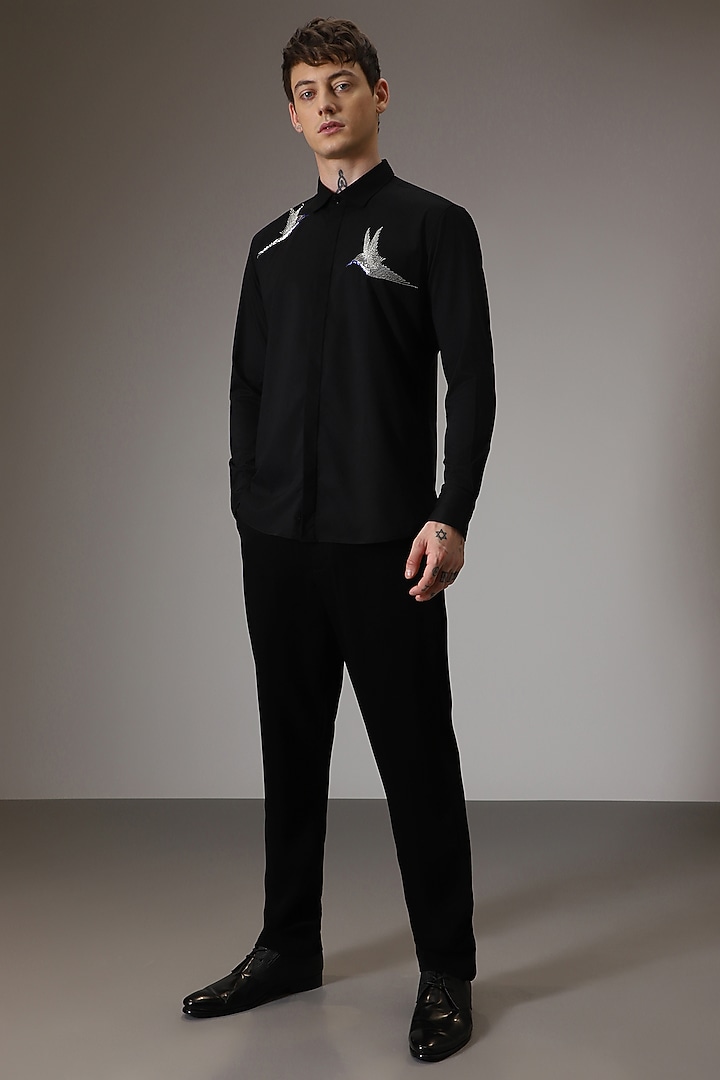 Black Cotton Lycra Hand Embroidered Party Wear Shirt by Komal Kothari at Pernia's Pop Up Shop