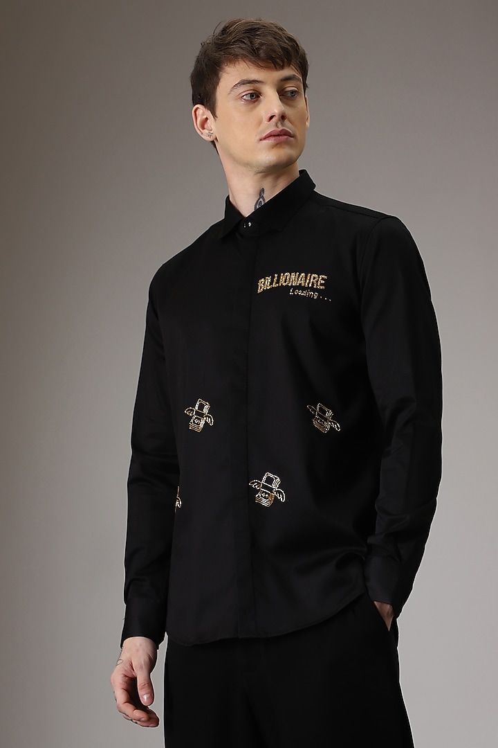 Black Cotton Lycra Hand Embroidered Party Wear Shirt by Komal Kothari at Pernia's Pop Up Shop