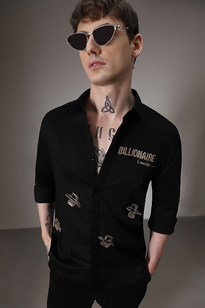Black Cotton Lycra Hand Embroidered Party Wear Shirt by Komal Kothari at Pernia's Pop Up Shop