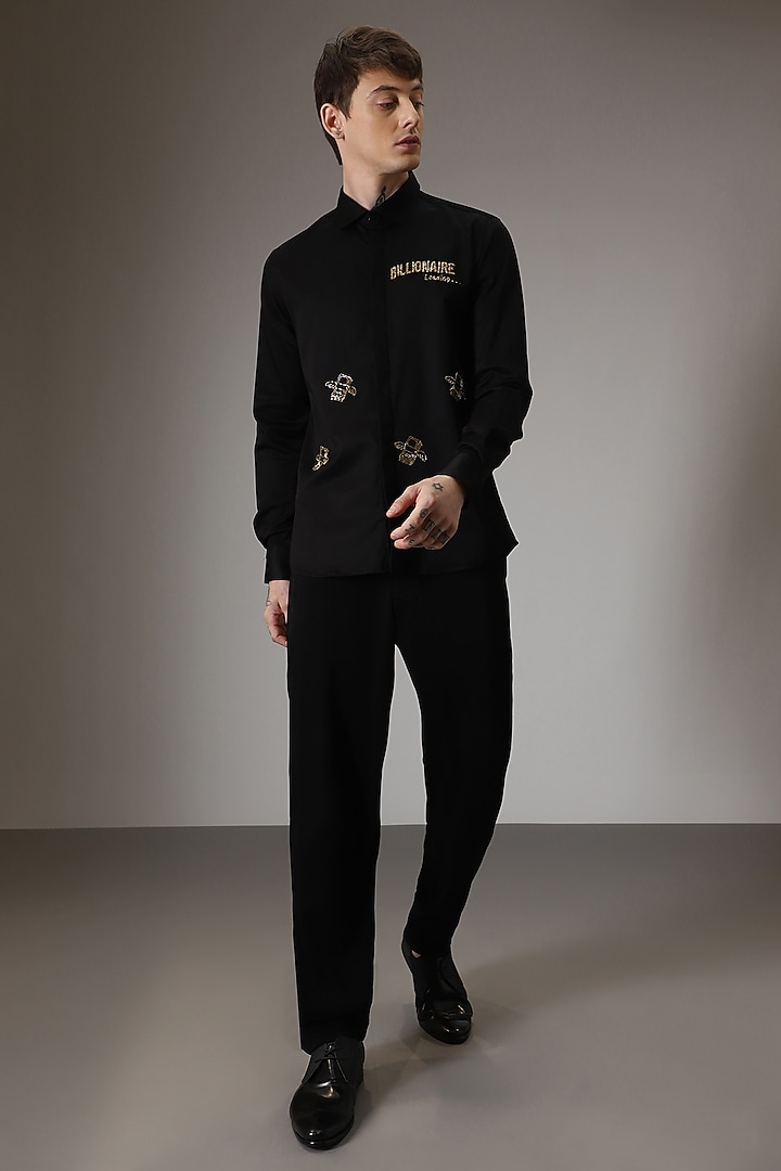 Black Cotton Lycra Hand Embroidered Party Wear Shirt by Komal Kothari at Pernia's Pop Up Shop