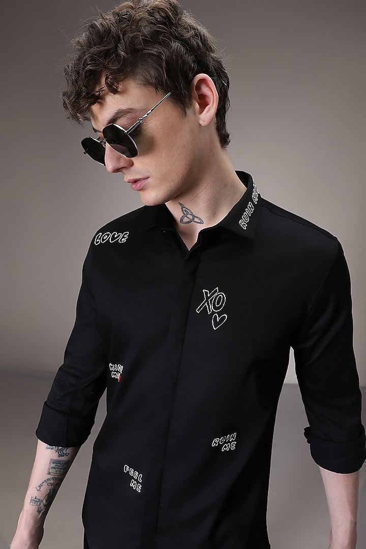 Black Cotton Satin Hand Embroidered Party Wear Shirt by Komal Kothari at Pernia's Pop Up Shop