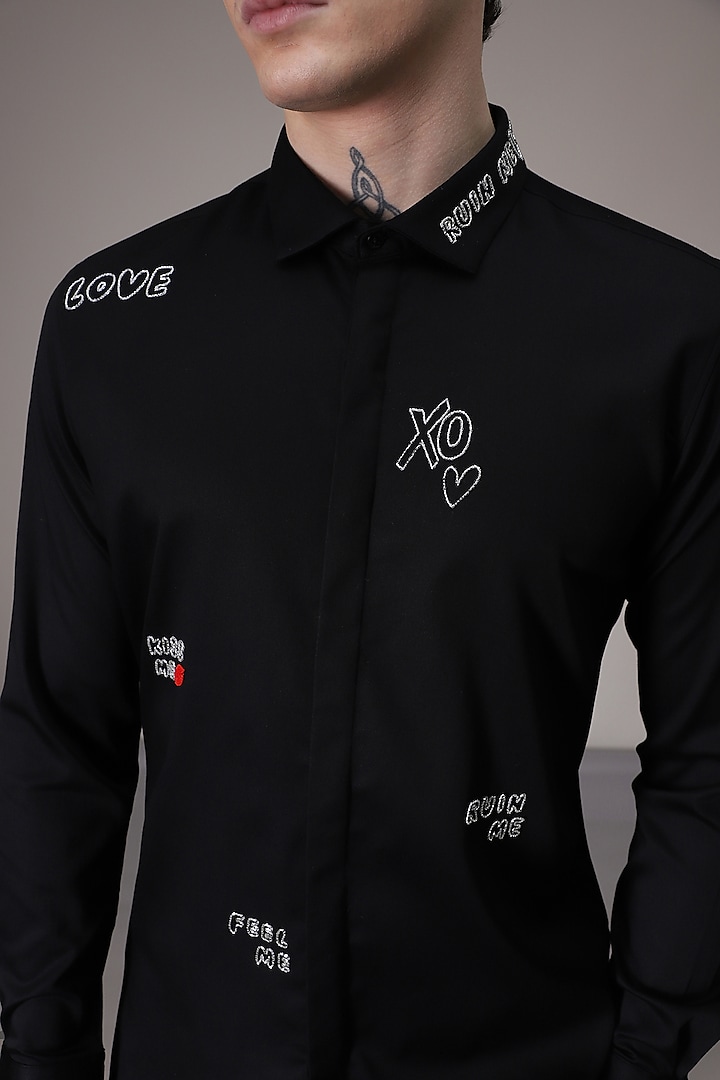 Black Cotton Satin Hand Embroidered Party Wear Shirt by Komal Kothari at Pernia's Pop Up Shop