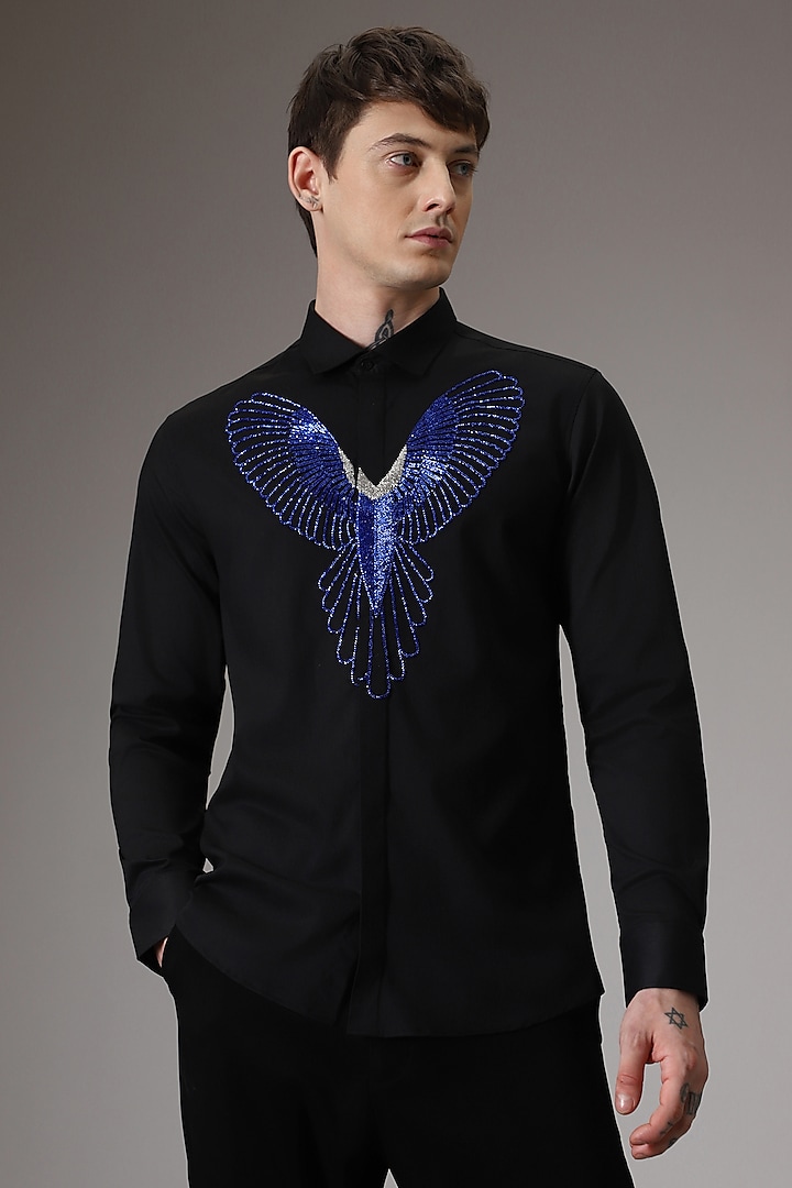 Black Cotton Lycra Hand Embroidered Shirt by Komal Kothari