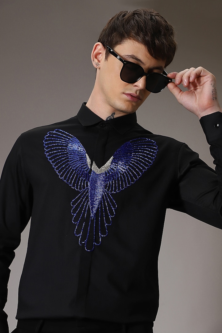 Black Cotton Lycra Hand Embroidered Party Wear Shirt by Komal Kothari at Pernia's Pop Up Shop