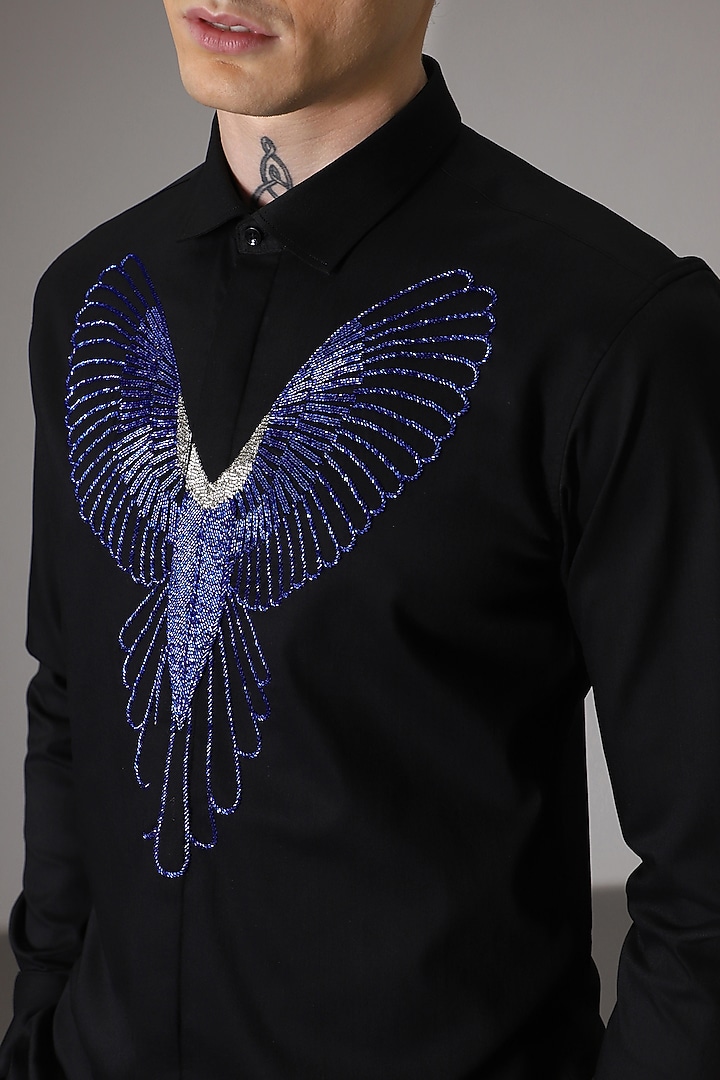 Black Cotton Lycra Hand Embroidered Party Wear Shirt by Komal Kothari at Pernia's Pop Up Shop