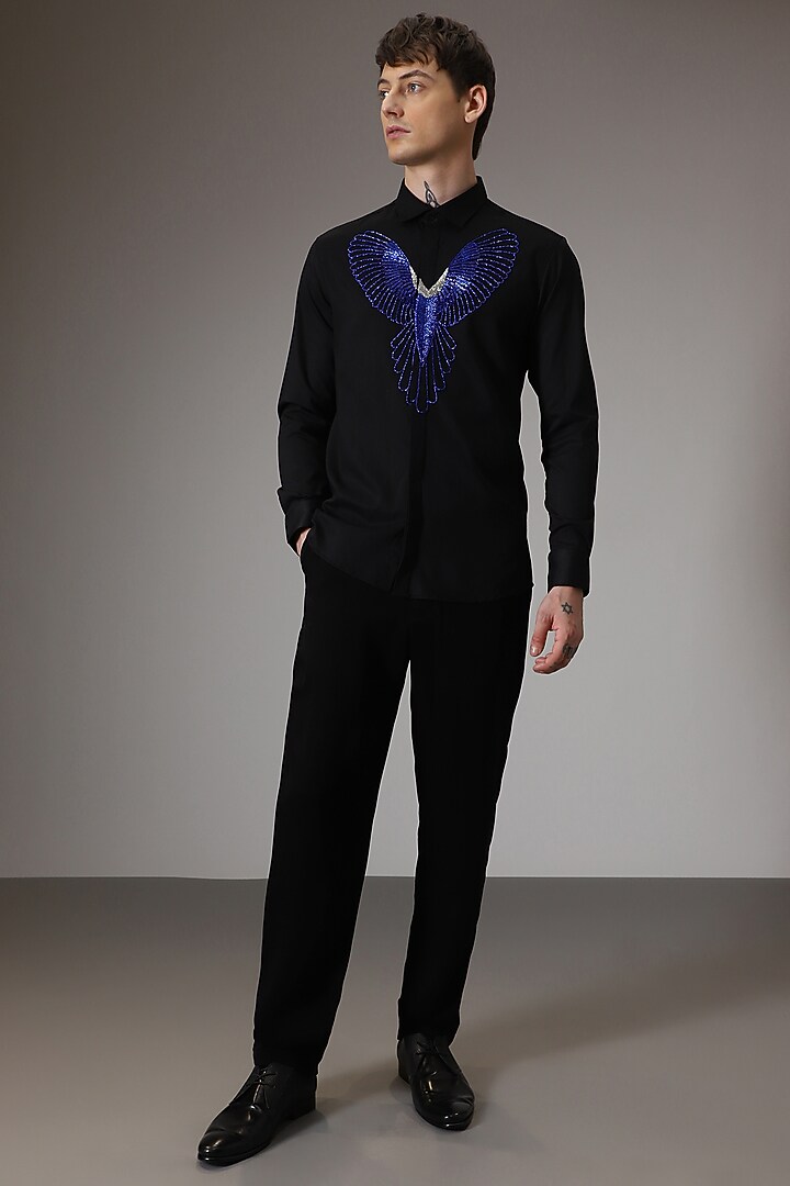 Black Cotton Lycra Hand Embroidered Party Wear Shirt by Komal Kothari at Pernia's Pop Up Shop