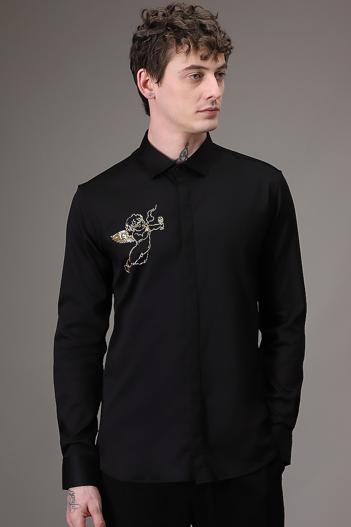 Black Cotton Satin Cupid Hand Embroidered Shirt by Komal Kothari