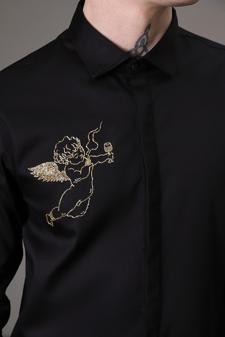 Black Cotton Satin Cupid Hand Embroidered Party Wear Shirt by Komal Kothari at Pernia's Pop Up Shop